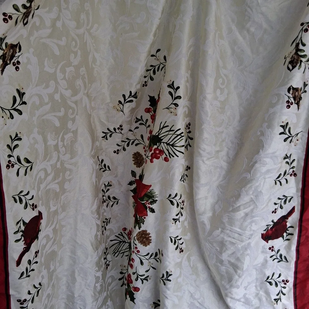 Vintage 90s Y2k Christmas Tablecloth Damask Cardinal Poinsettia 60x84